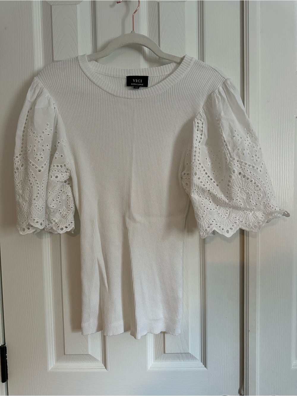 VICI White Ribbed Tee with Eyelet Puff Sleeves
